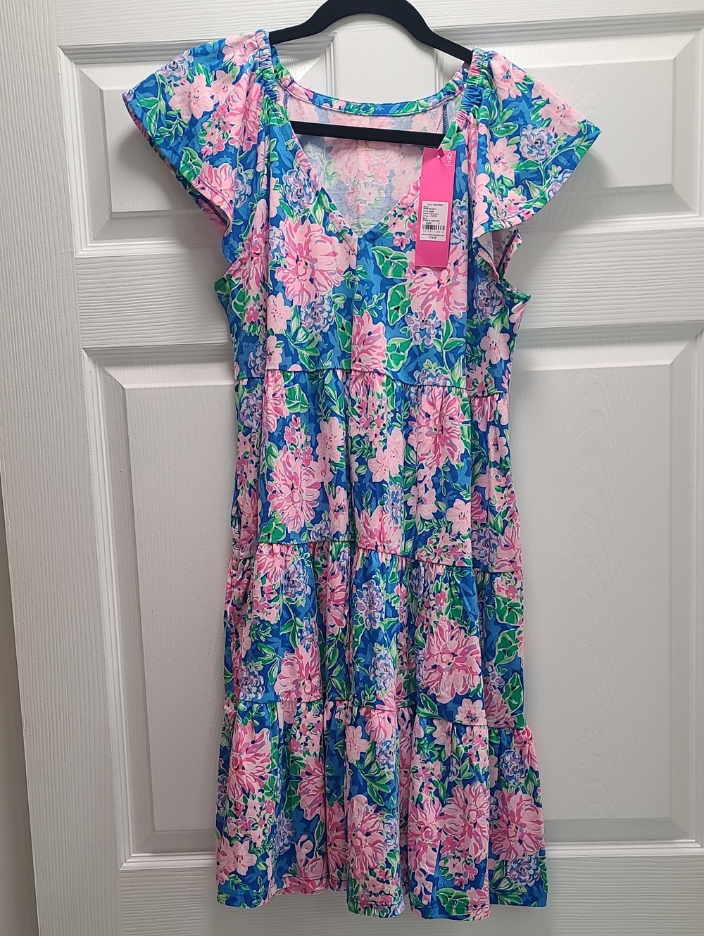 Nwt Lilly Pulitzer Kawai  SzBlue & Pink Floral Tiered Vneck Flutter Sleeve Dress